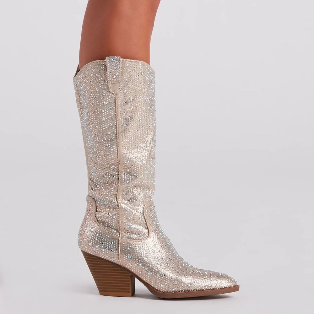 NEW🔥 Jeweled Rhinestone Crystal Cowboy CowGirl Western Boots Mid-Calf Knee-High - Picture 3 of 6